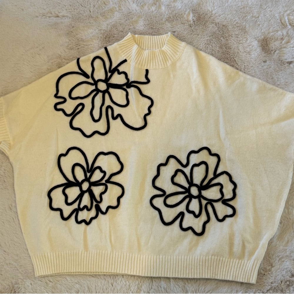 Easel Cream Sweater with Black Floral Accents